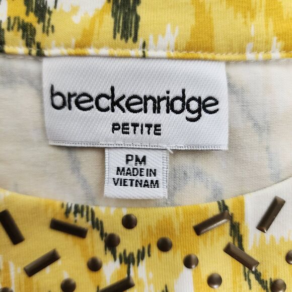 Breckenridge Petite Womens Top Size PM Yellow Black Embellished Neck 3/4 Sleeve - Picture 7 of 10
